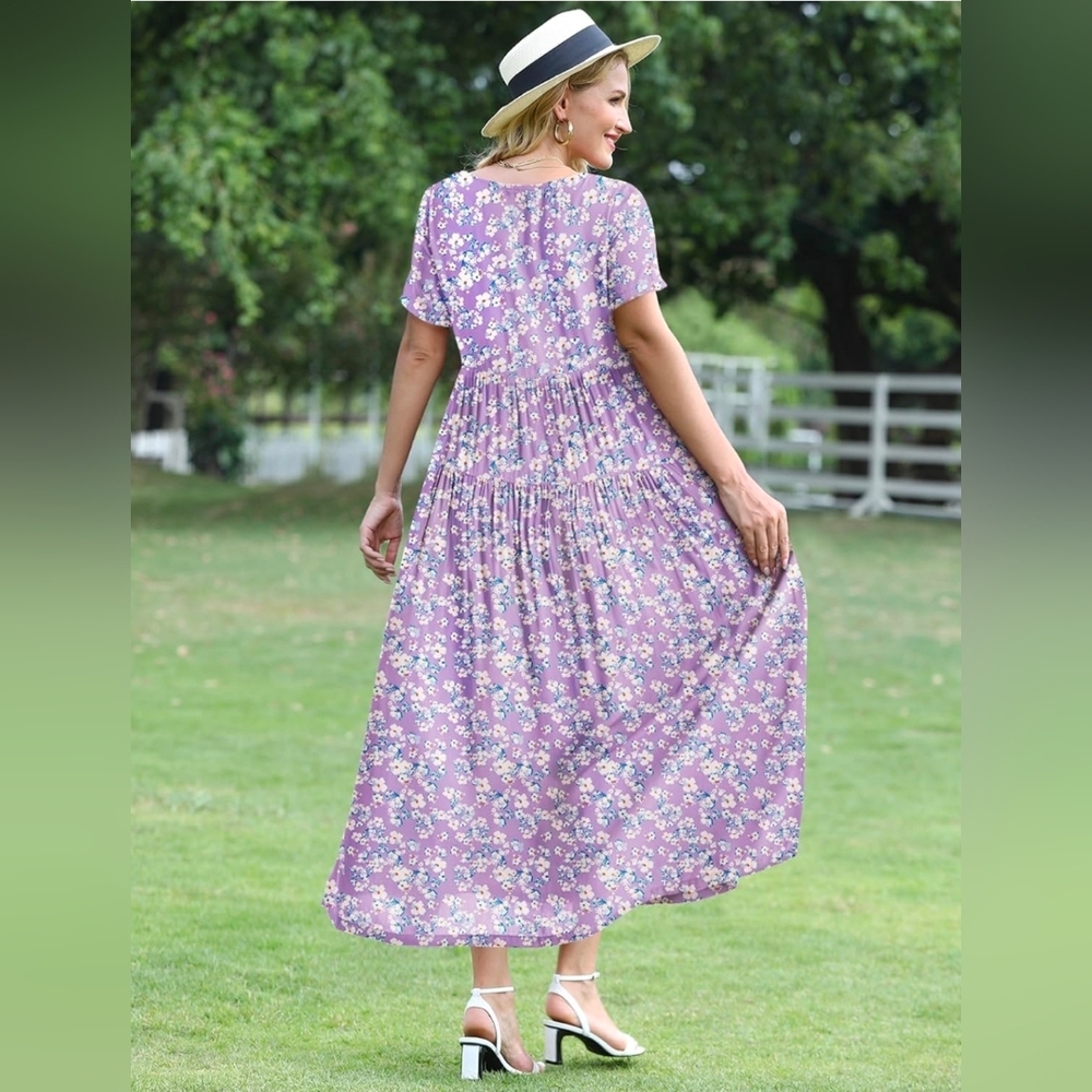 Floral Lavender Maxi Dress with Short Sleeves - Picture 3 of 5